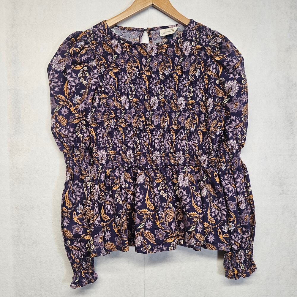 Universal Thread Womens S Small Floral Paisley Smocked Peplum Top Long Sleeve